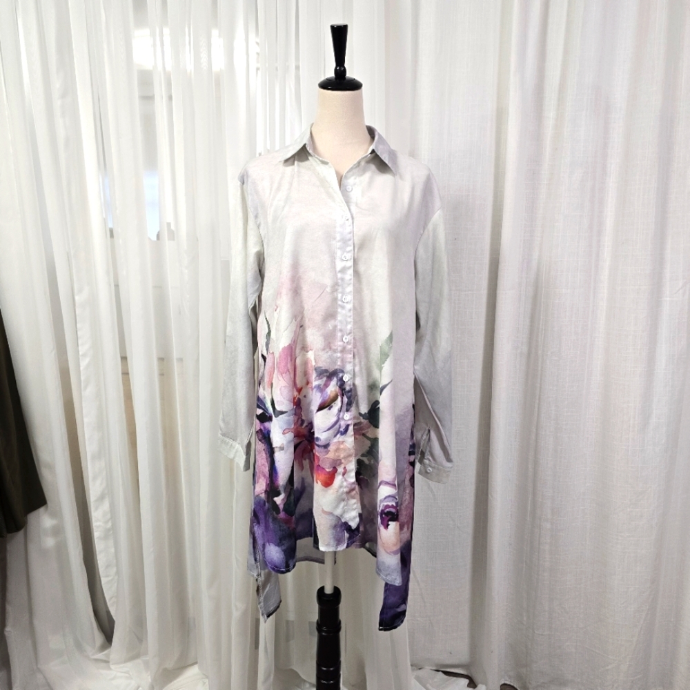2/$30 White Floral Watercolor Hi Lo Shirt Dress Long Sleeve Size S Oversized